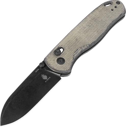 Kizer Drop Bear taskunuga 7,6 cm, must stonewash, roheline micarta