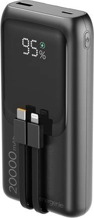 20,000 mAh power bank with integrated cables, PD 20 W and LCD, black