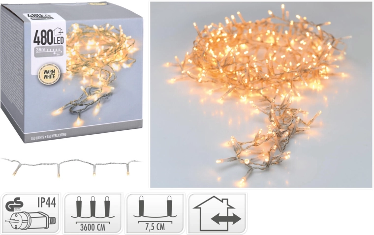 Jõululine LED-valguskett 36 m, 480 LED, soe valge, läbipaistev juhe, IP44