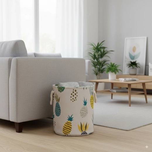 Textile laundry and toy basket with pineapple motif, foldable, 35 × 40 cm
