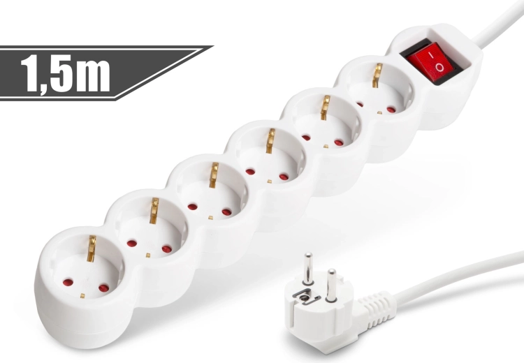 White extension strip with 6 sockets and a switch, 1.5 m