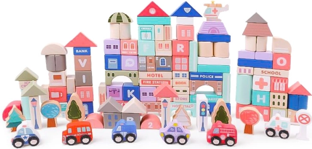 Puidust hariduslikud klotsid – linn koos alusega, 115 tk, ECOTOYS