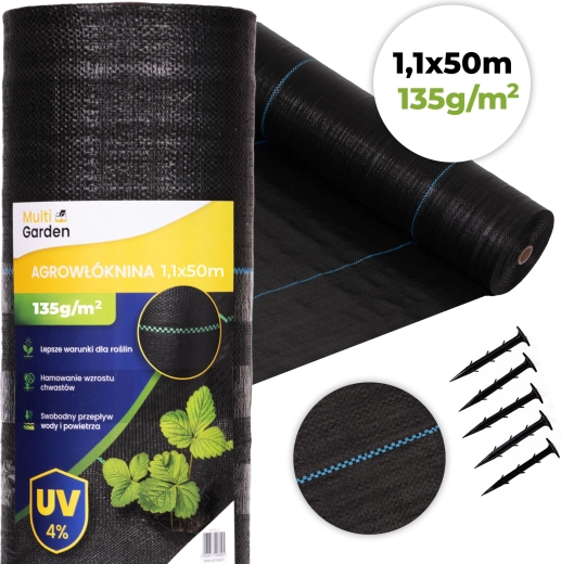Umbrohutõkkekangas 135 g/m² 1,1×50 m koos vaiadega, MultiGarden