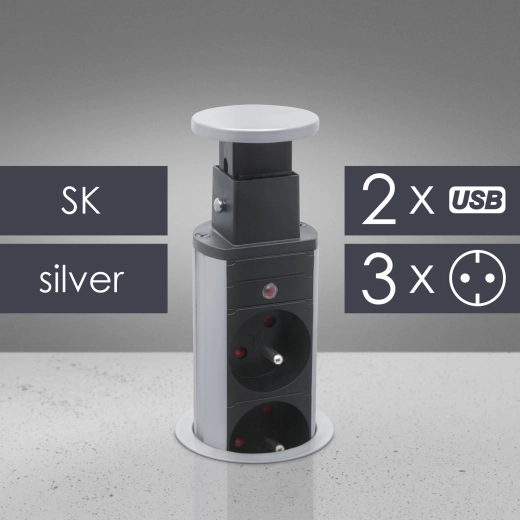 3 pistikupesa ja USB-portidega hõbedane avatav lauapesa