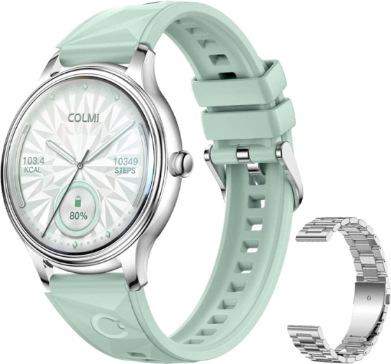Smartwatch COLMI L28 – silver‑green with steel strap