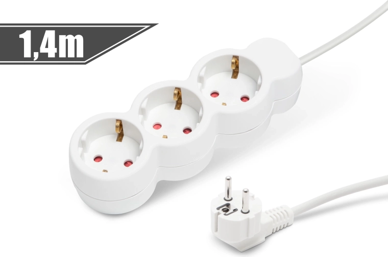 White extension cord with 3 sockets, 1.4 m