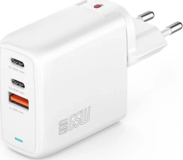 GaN Flex 65 W võrgulaadija, 2× USB‑C + 1× USB‑A, valge