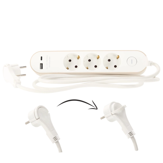 Ülepingekaitsega pikendusjuhe lülitiga, 3 Schuko pistikupesa ja 2 USB (USB-A + USB-C), 1,5 m, valge