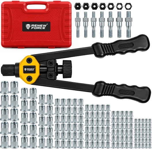 RENEW FORCE manual lever rivet nut tool for rivet nuts M3–M12 with a 150 pcs set, deburrer and case