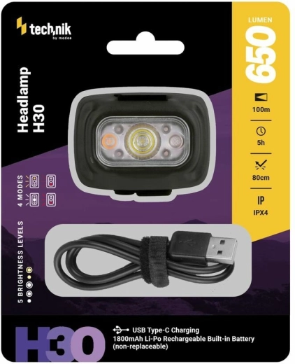 Technik MT-H30 headlamp with USB‑C, 650 lm, white and red LED