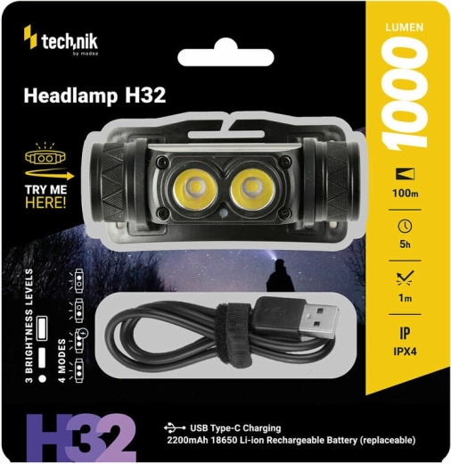 Laetav LED-pealamp OSRAM P9-ga, USB‑C, 1000 lm, stroboskoop Technik MT-H32