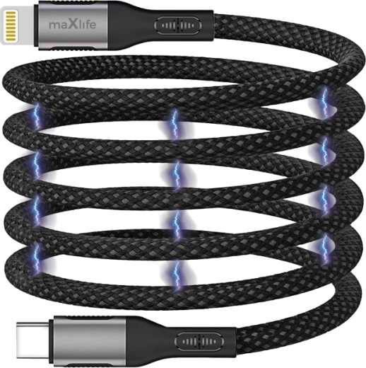 Maxlife magnetkaabel USB-C – Lightning 1 m 27 W, nailonist, must