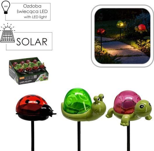Päikeseenergial töötav aialambipost LED‑iga, kilpkonna, teo ja lepatriinu kujuline – soe valge