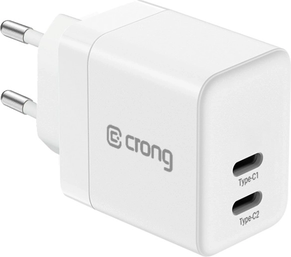 Crong ülkompaktne GaN-võrgulaadija 2× USB-C 35 W PD 3.0 koos PPS-iga, valge