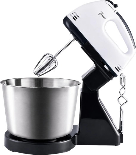 Kitchen hand mixer with stand and stainless steel bowl, 7 speeds