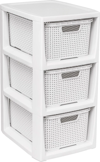 White rattan-style shelving unit with 3 drawers