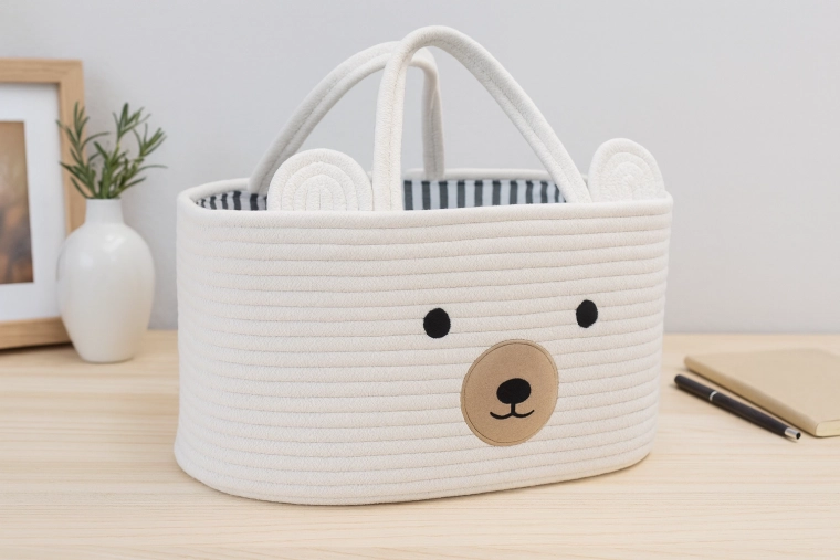 Tekstiilkorv mänguasjadele sangadega – valge loomakujundusega organiseerija 32 × 22 × 20 cm