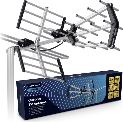 BERDSENi välitingimustes suunatud TV-antenn DVB‑T/T2 jaoks, 4K Ultra HD, VHF/UHF, LTE-filter, ulatus 80 km