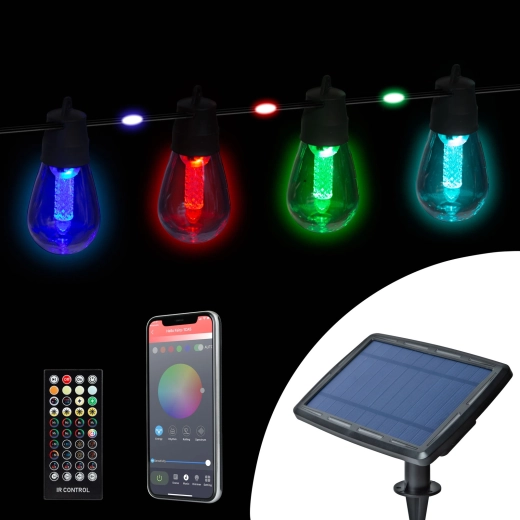 Nutikas päikeseenergial töötav värviliste RGB LED-lampidega valguskett, 14,5 m, Bluetooth