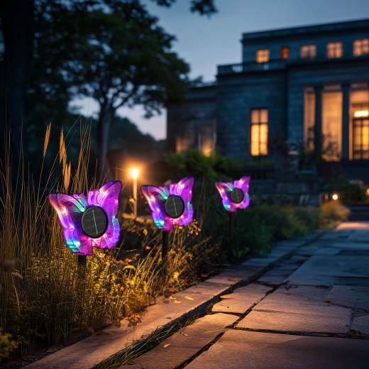 Lilla värviliste LED-idega päikeseenergial töötav liblikakujuline aiavalgusti
