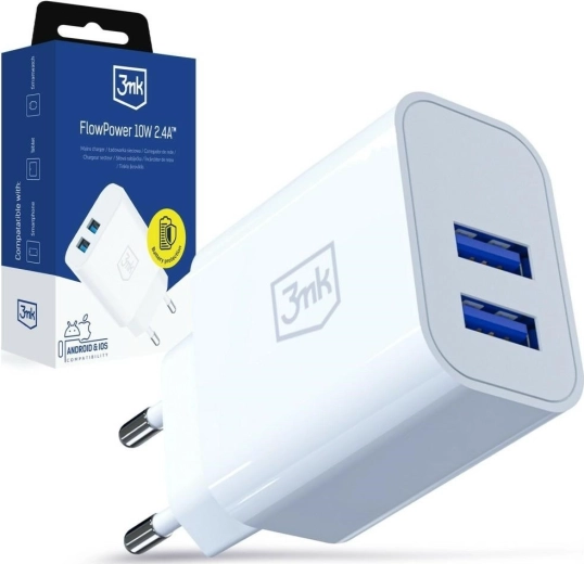 3MK FlowPower võrgu laadija 10 W, 2× USB-A, 2,4 A, valge