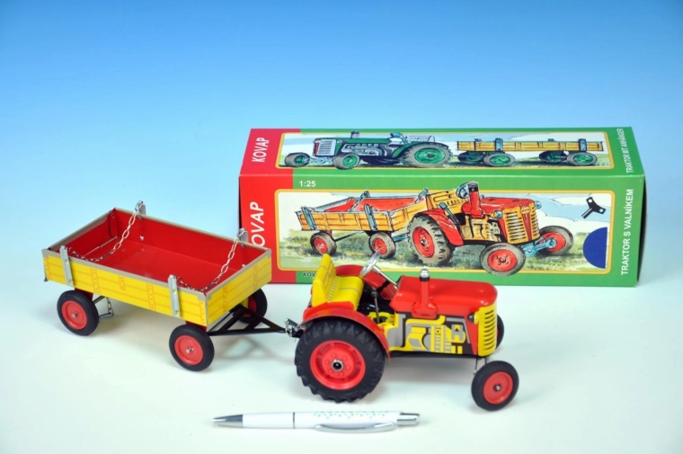 Üleskeeratava võtmega metallist traktor Zetor koos haagisega 28 cm KOVAP – Punane