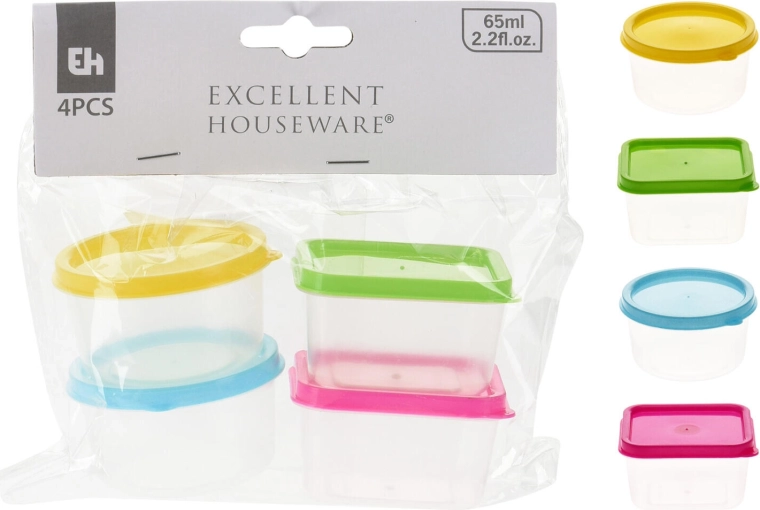 Mini-konteinerid 65 ml – 4 tk komplekt, ümmargused ja kandilised, värvide mix