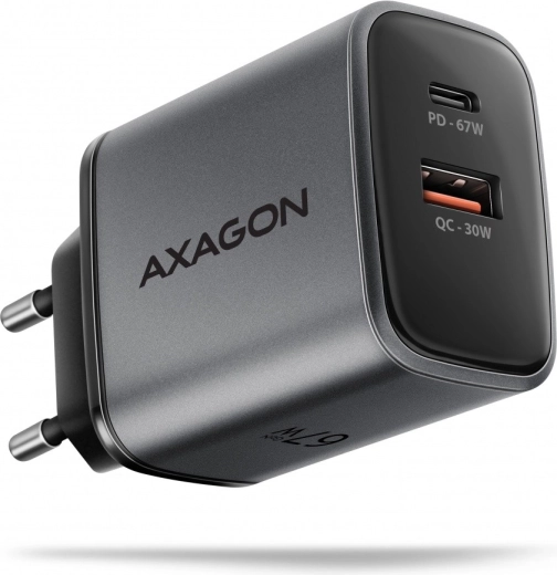 Võrgulaadija AXAGON GaN 67W USB‑C Power Delivery ja USB‑A Quick Charge’iga, 2 porti