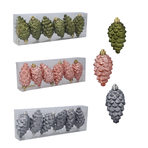 Jõulukaunistuste komplekt käbide kujul 9 cm – oliiv, vask ja grafiit (6 tk)