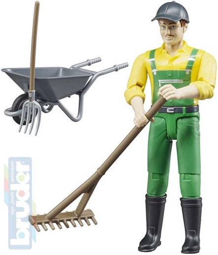 BRUDER farmer figure with wheelbarrow and tools