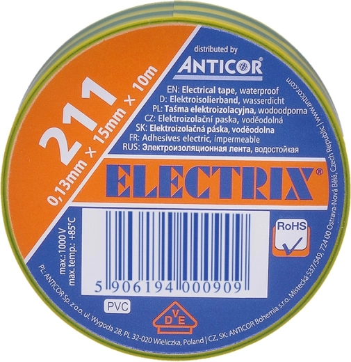 Solight electrical insulation tape 15 mm x 0.13 mm x 10 m, yellow-green