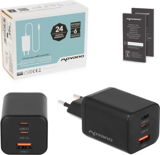 Movano GaN Charger 65 W 2× USB-C PD + USB-A, black
