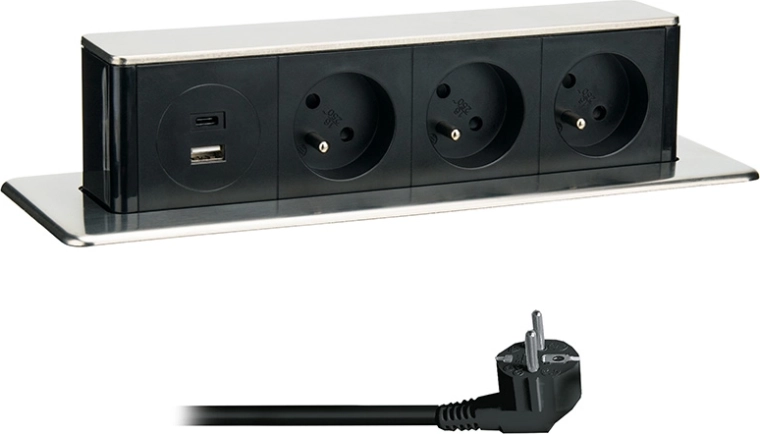 Solight väljatõmmatav pistikupesade plokk 3× 230 V + USB-A/USB-C 20 W PD, 2 m, roostevaba teras