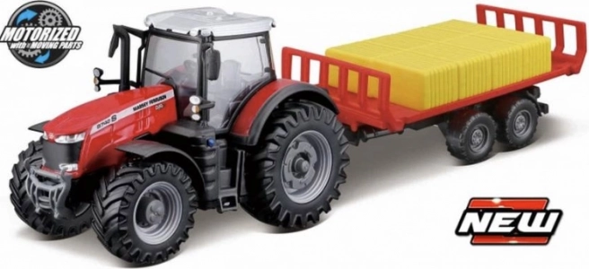 Bburago põllutraktor Massey Ferguson 8740 S koos heinapakkide järelhaagisega 10 cm
