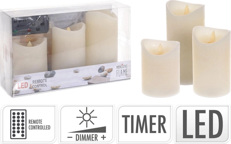 LED-küünalde komplekt kaugjuhtimispuldi ja taimeriga, elevandiluu (3 tk)