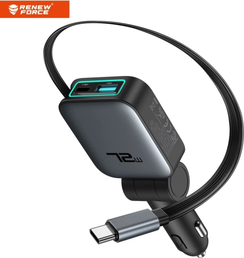 Renew Force 3-in-1 car charger 72 W with retractable USB-C cable (75 cm) - 1 piece