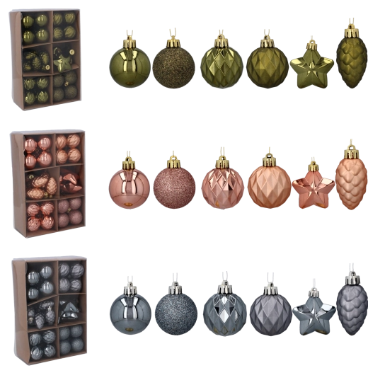 47-osaline jõuluehete komplekt oliivi-, vase- ja grafiitvärvis (4–6 cm)