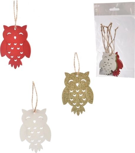 Hanging wooden owl decoration, assorted colors, 6 pcs