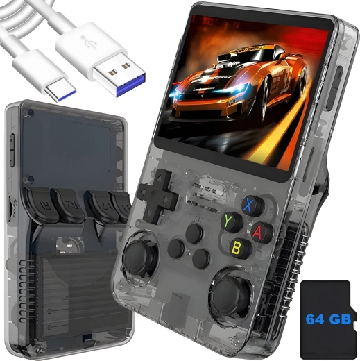 Kaasaskantav retro mängukonsool Renew Force R36S must 64 GB ArkOS 2.0-ga