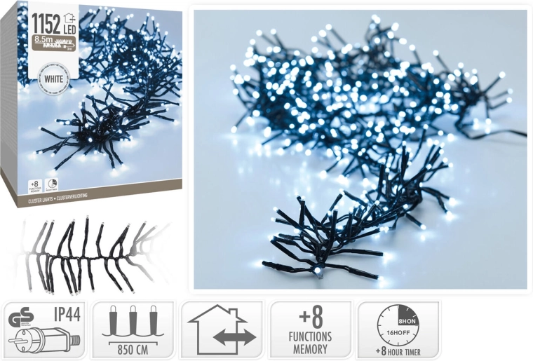 Jõulune LED-valguskett 8,5 m, külm valge, 1152 LED-i, 8 funktsiooni taimeriga