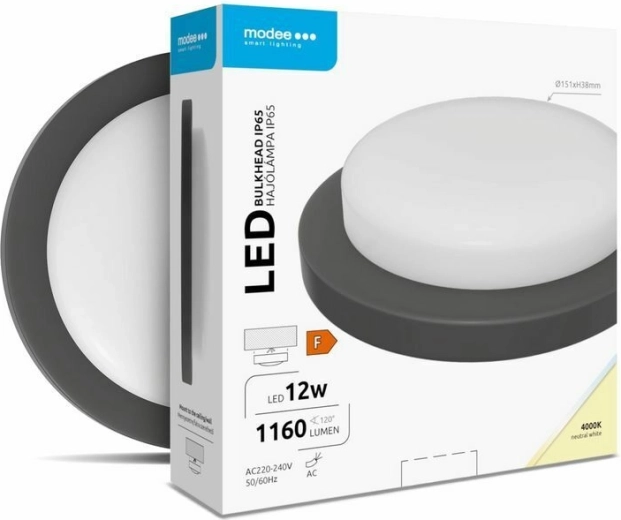 Ümmargune seina-/lae LED-valgusti 12 W, 4000 K, 1160 lm, must – MODEE LED Bulkhead Round