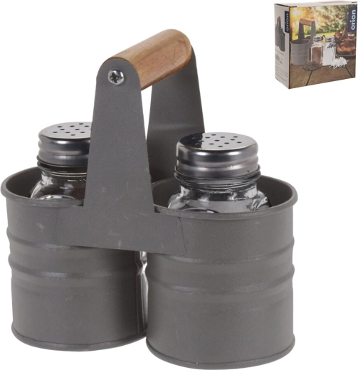 Set of 2 glass and metal spice shakers with stand
