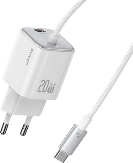 USAMS JC seeria 20 W GaN mini-laadija 2× USB‑C integreeritud USB‑C kaabliga, valge