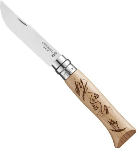 Opinel N°8 graveeringuga taskunuga Ski, pöögipuit, 8,5 cm
