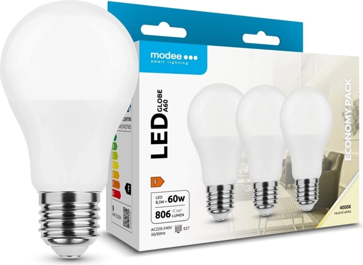 Modee LED-lamp Globe A60 8,5 W E27, 806 lm, neutraalne valge, pakend 3 tk