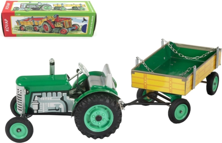 Üleskeeratava võtmega metallist traktor Zetor koos haagisega 28 cm KOVAP – Roheline