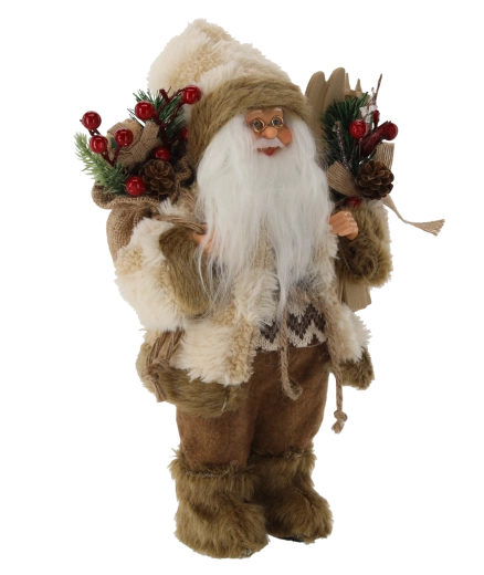 Christmas figurine Santa in a beige coat with skis 30 cm