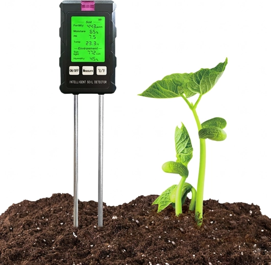Digitaalne 6-ühes pinnasetester – pH, niiskuse, temperatuuri, viljakuse, valguse ja õhuniiskuse mõõtmine