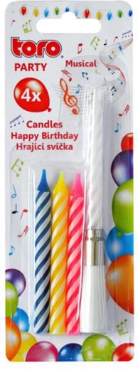 Laulva tordiküünal alusega TORO Happy Birthday – 4 küünla komplekt