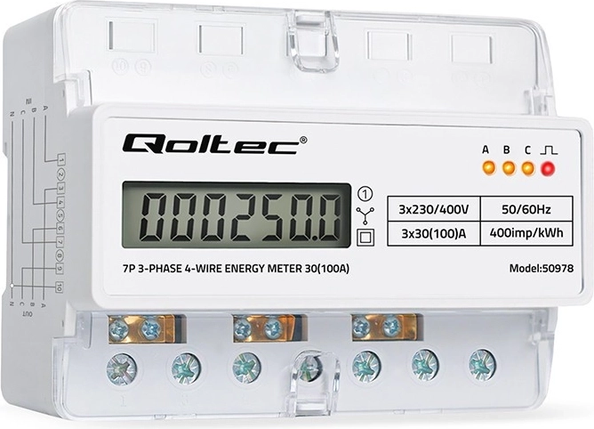 Kolmefaasiline elektrooniline arvesti DIN-liistule, 400 V, 100 A, LCD ja LED-indikaator
